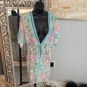 Women’s Floral Tie-Front Swim Cover-Up in Aqua Multi